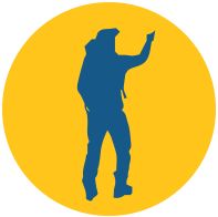 A flat silhouette of a person hiking.