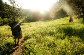 A man hiking through an open grass land about to head into the woods